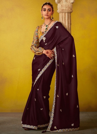 Wine glass tissue sequins embroidered wedding saree with blouse 2160